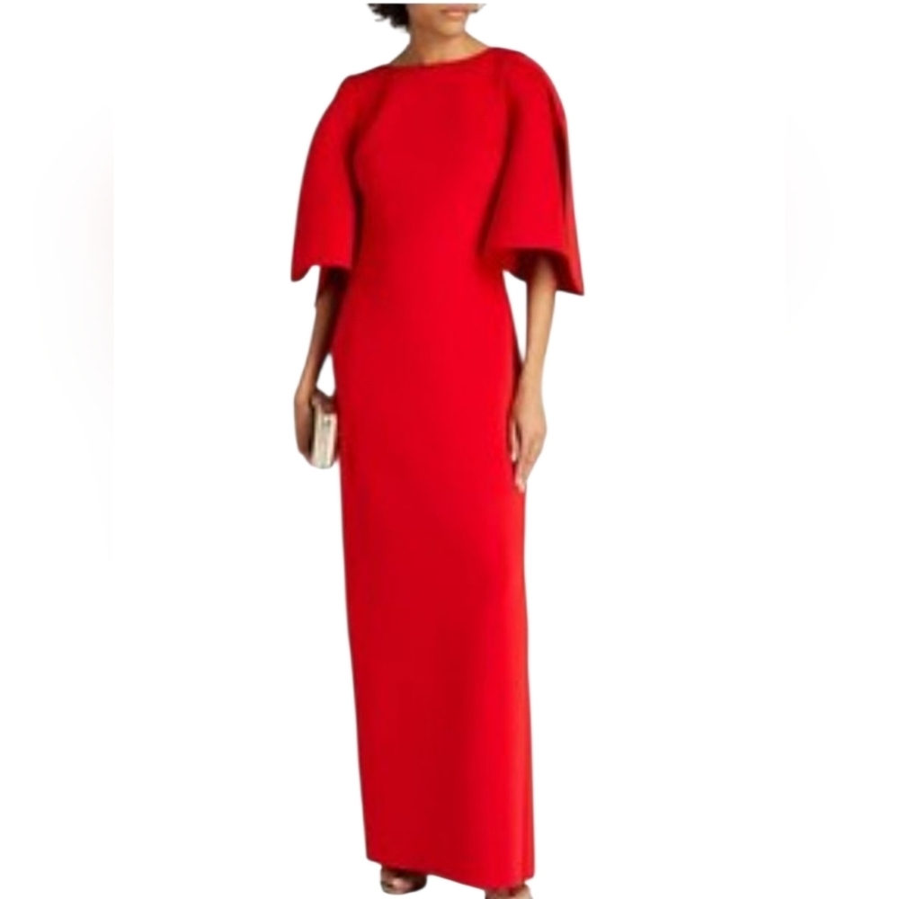 Badgley Mischka Red Maxi Dress with Dramatic Cape Sleeves